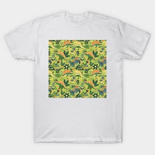 Delightful Dinosaurs in Enchanted Garden Pattern T-Shirt